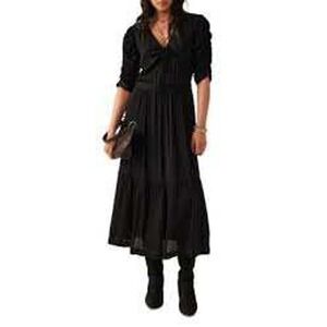 ba&sh Shirred Efect Empire Midi Dress Black Ruched Sleeve Textured Fercy